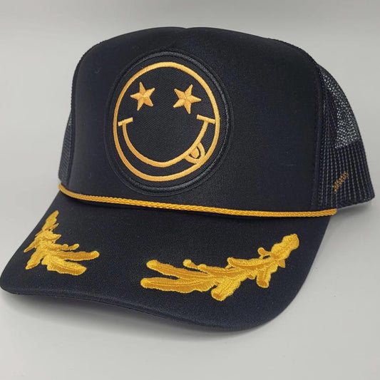 Gold Embroidered Smiley Face Trucker Hat – Star Eyes, Tongue Out | Rockstar Style Captain Hat