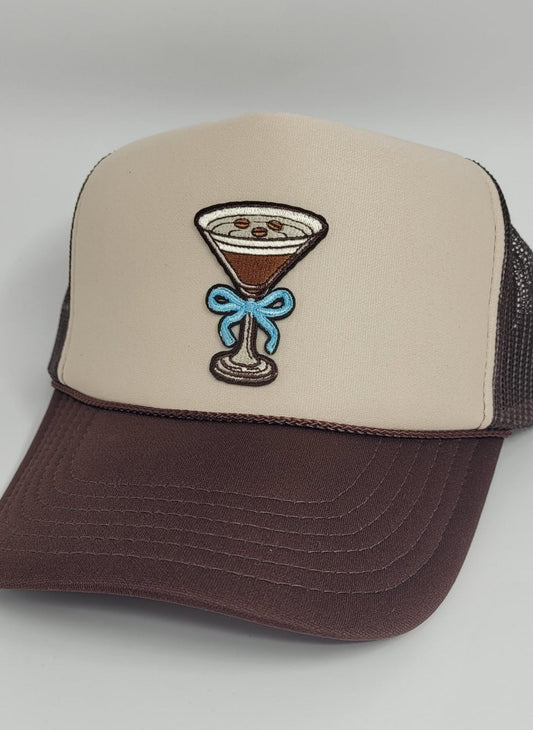 Espresso Martini Trucker Hat | Coffee Cocktail Patch Hat | Trendy Brown Beige Snapback | Cute Drink Hat | Fun for Coffee & Cocktail Lovers
