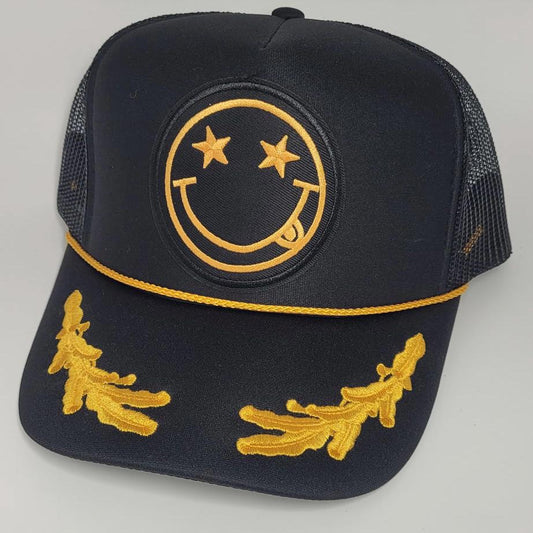Gold Embroidered Smiley Face Trucker Hat – Star Eyes, Tongue Out | Rockstar Style Captain Hat