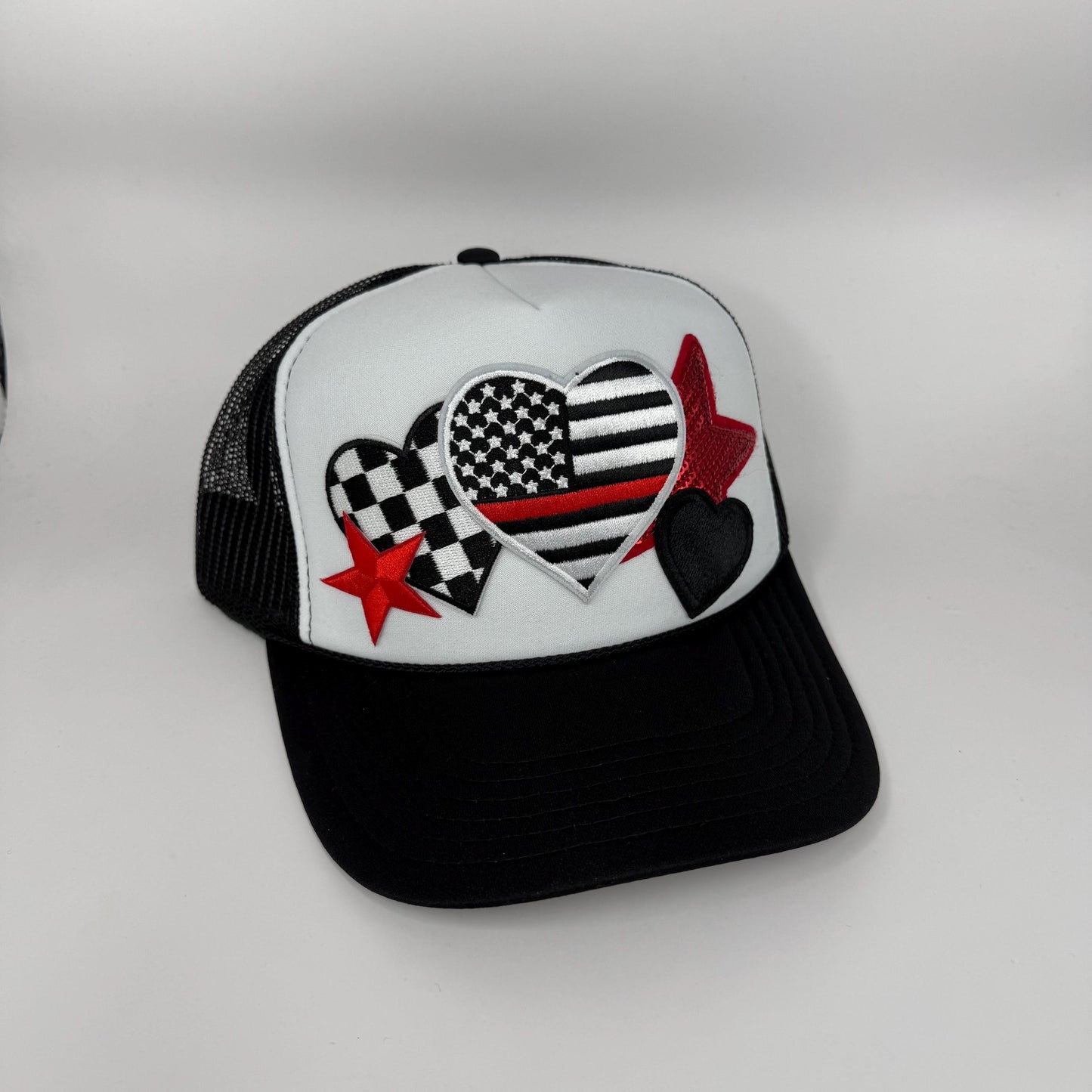 Thin Red Line Heart Trucker Hat | Firefighter Support Hat | Firefighter Wife Trucker Hat | Red, Black & White Heart Hat