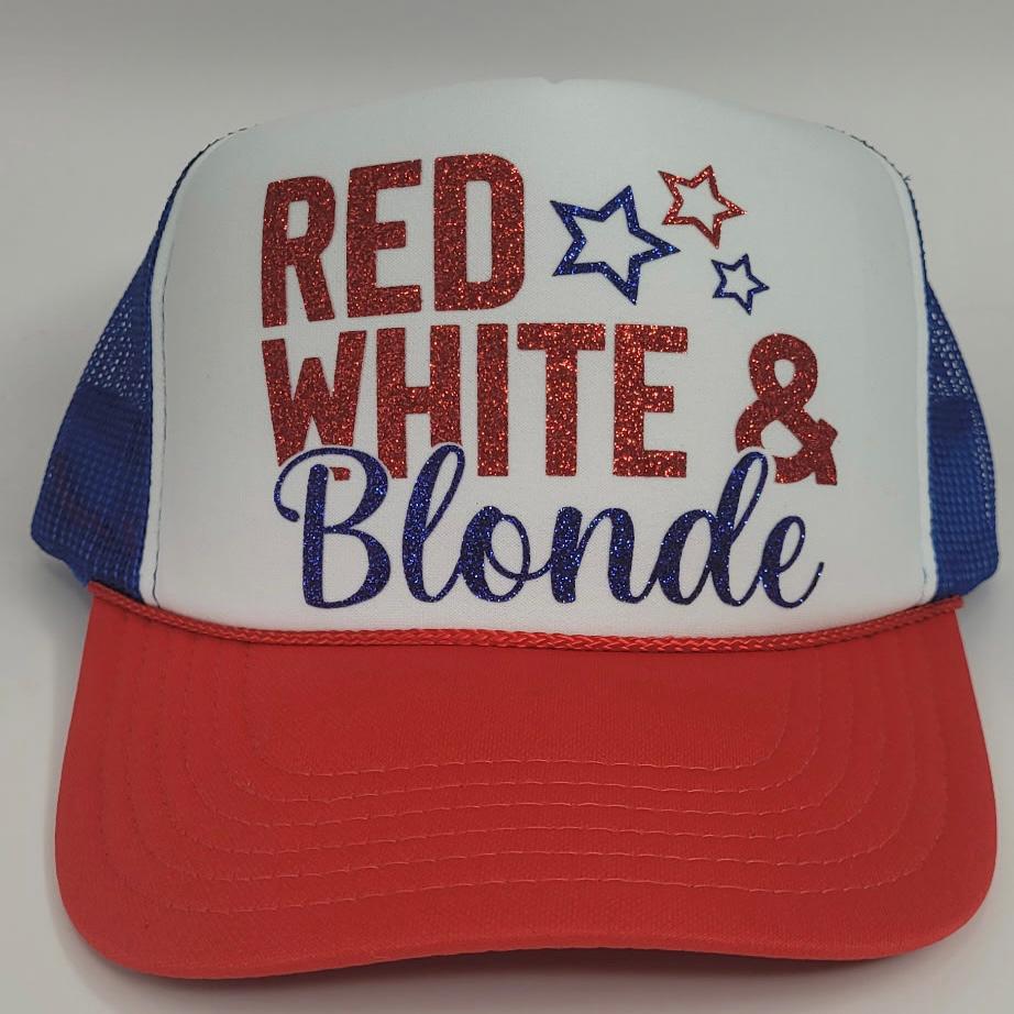 Red White & Blonde or Brunette Trucker Hat – 4th of July Glitter Hat – Patriotic Trucker Cap – Glitter Vinyl – Funny USA Hat