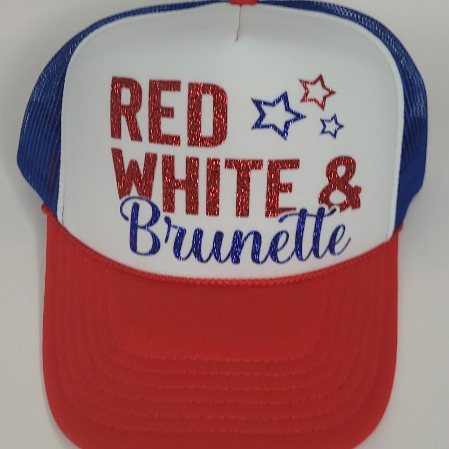 Red White & Blonde or Brunette Trucker Hat – 4th of July Glitter Hat – Patriotic Trucker Cap – Glitter Vinyl – Funny USA Hat