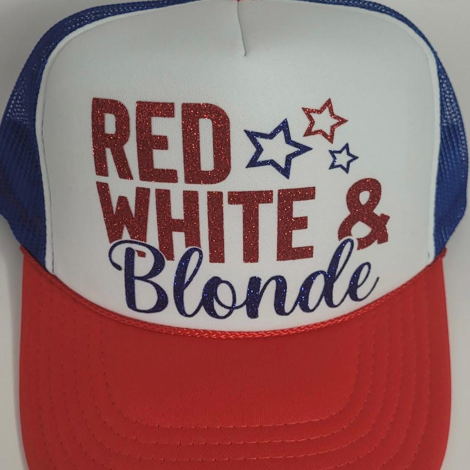 Red White & Blonde or Brunette Trucker Hat – 4th of July Glitter Hat – Patriotic Trucker Cap – Glitter Vinyl – Funny USA Hat