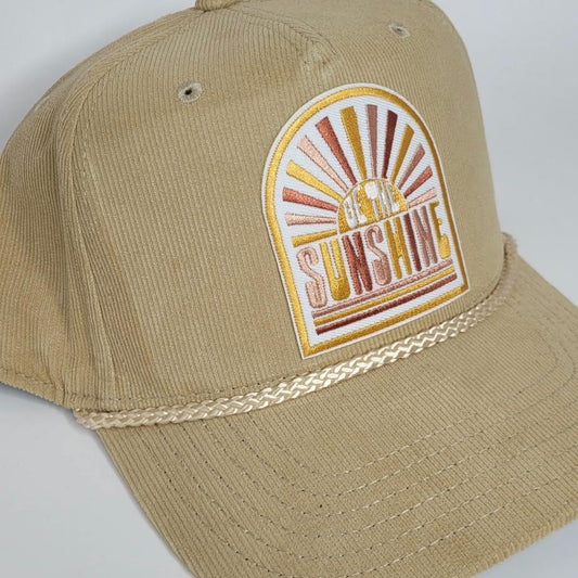 Be the Sunshine Corduroy Hat | Retro Patch Hat | Tan Rope Hat | Adjustable Snapback | Happy Vibes Hat | Positive Gift for Her