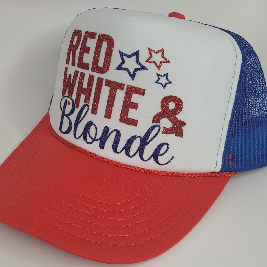 Red White & Blonde or Brunette Trucker Hat – 4th of July Glitter Hat – Patriotic Trucker Cap – Glitter Vinyl – Funny USA Hat