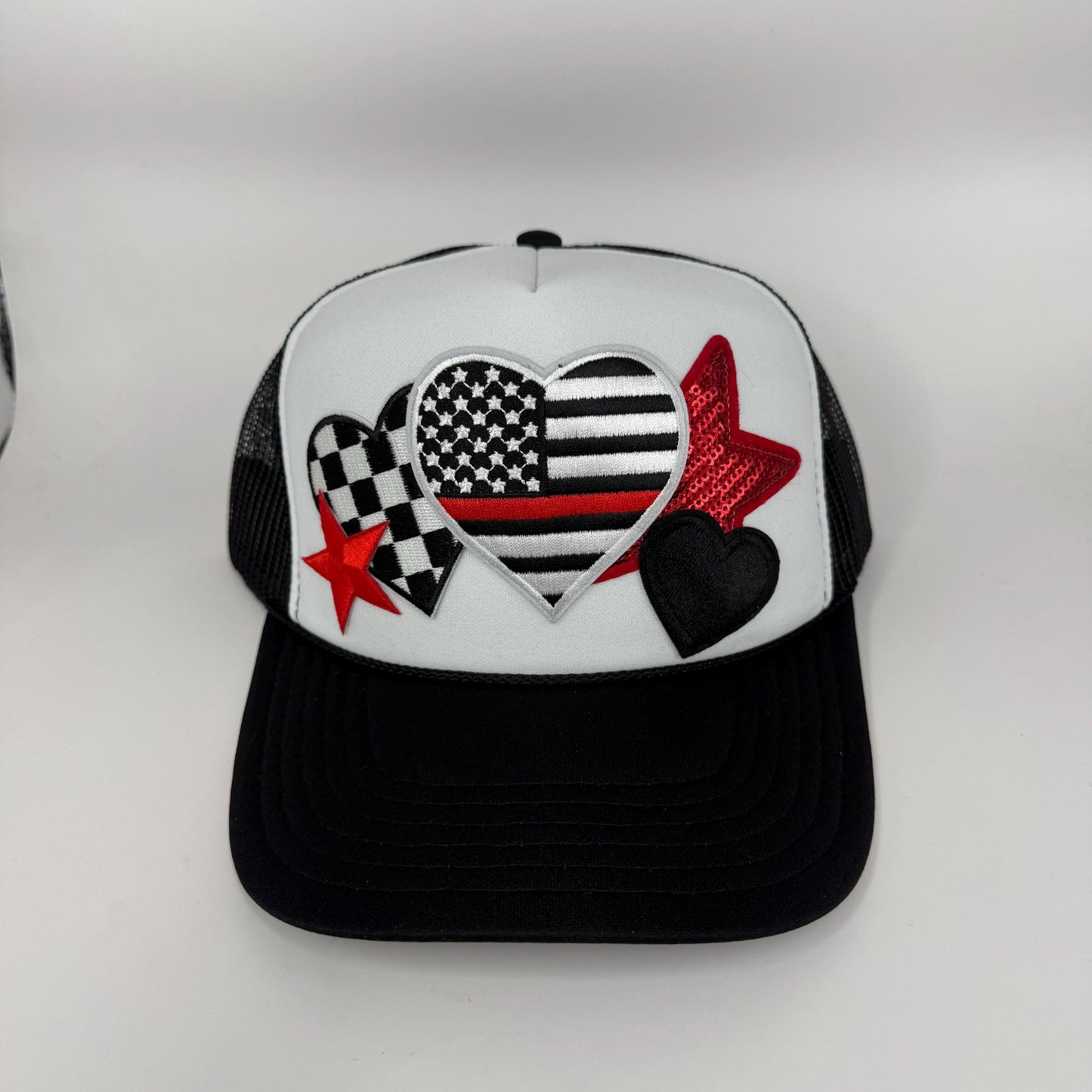 Thin Red Line Heart Trucker Hat | Firefighter Support Hat | Firefighter Wife Trucker Hat | Red, Black & White Heart Hat