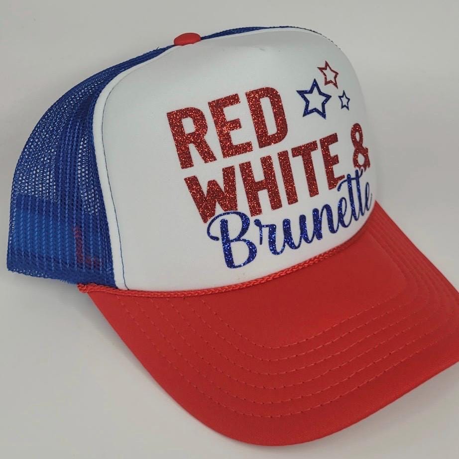 Red White & Blonde or Brunette Trucker Hat – 4th of July Glitter Hat – Patriotic Trucker Cap – Glitter Vinyl – Funny USA Hat
