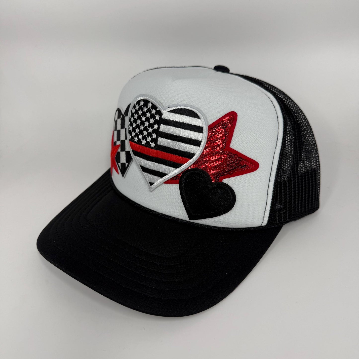 Thin Red Line Heart Trucker Hat | Firefighter Support Hat | Firefighter Wife Trucker Hat | Red, Black & White Heart Hat