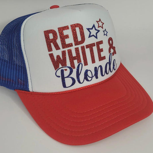 Red White & Blonde or Brunette Trucker Hat – 4th of July Glitter Hat – Patriotic Trucker Cap – Glitter Vinyl – Funny USA Hat