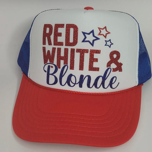 Red White & Blonde or Brunette Trucker Hat – 4th of July Glitter Hat – Patriotic Trucker Cap – Glitter Vinyl – Funny USA Hat