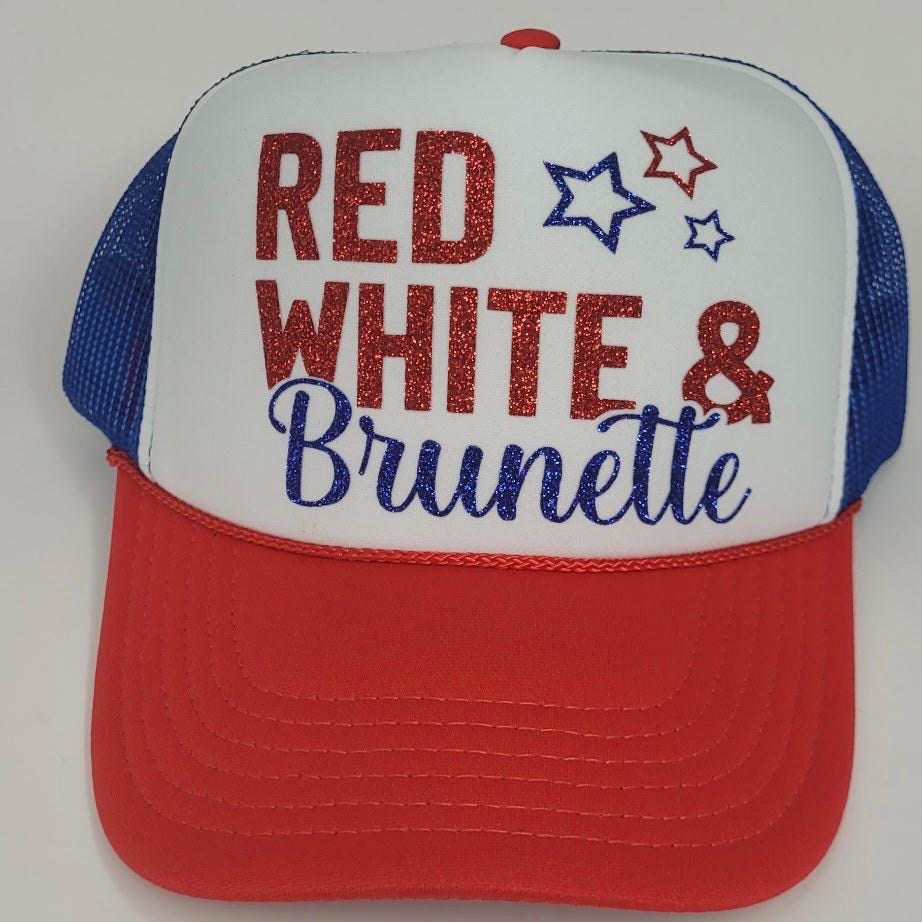 Red White & Blonde or Brunette Trucker Hat – 4th of July Glitter Hat – Patriotic Trucker Cap – Glitter Vinyl – Funny USA Hat