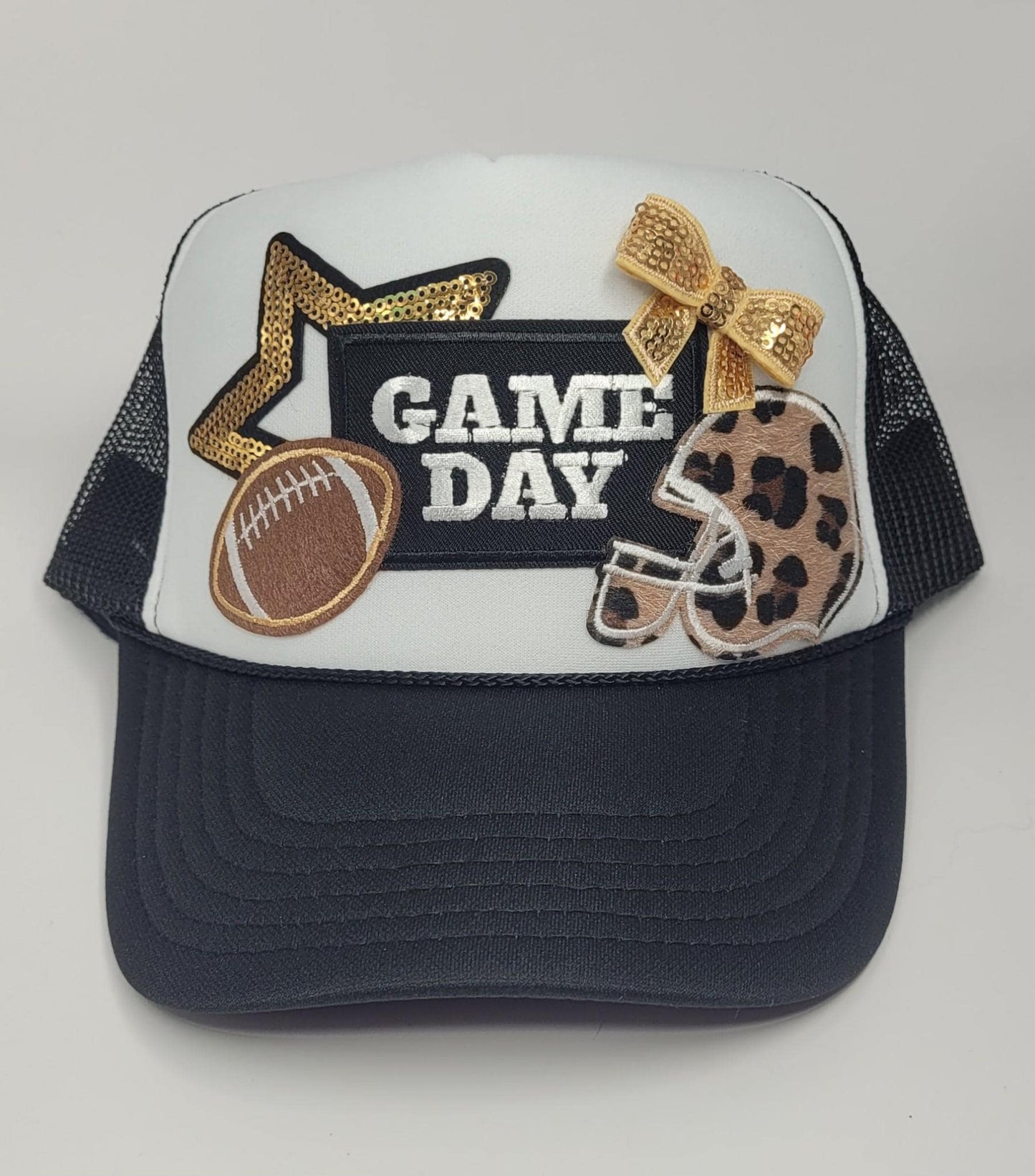Custom Game Day Football Trucker Hat – Sequin Bow, Leopard Print Helmet & Football Patch