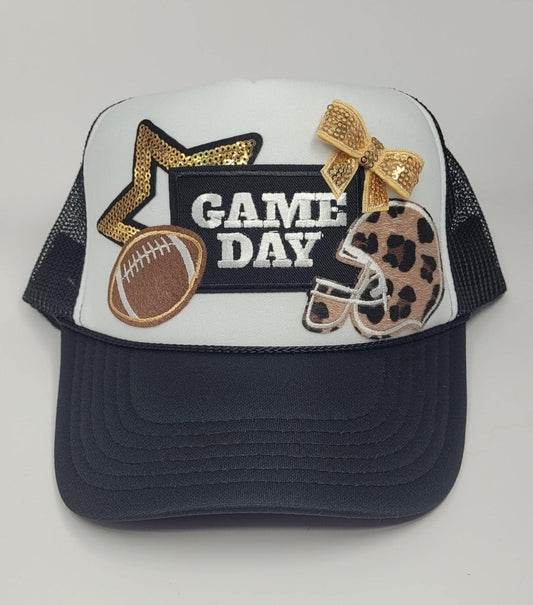 Custom Game Day Football Trucker Hat – Sequin Bow, Leopard Print Helmet & Football Patch