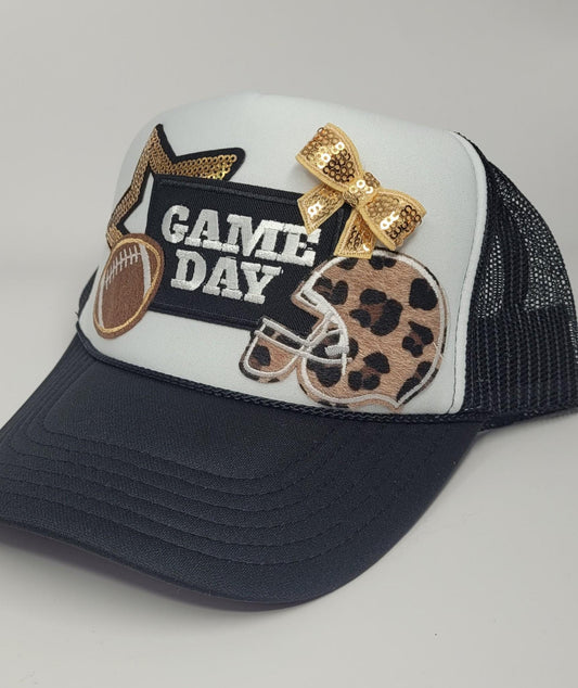 Custom Game Day Football Trucker Hat – Sequin Bow, Leopard Print Helmet & Football Patch