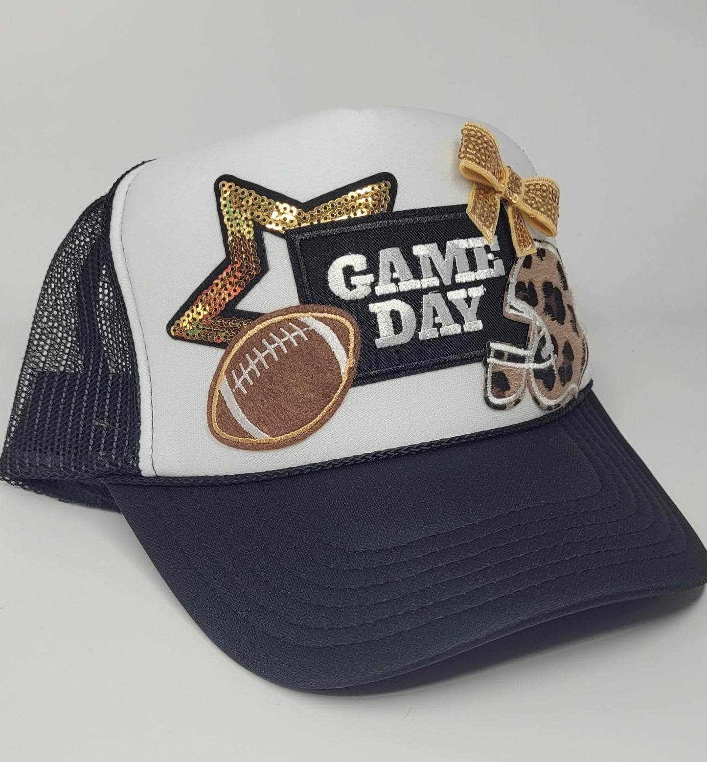 Custom Game Day Football Trucker Hat – Sequin Bow, Leopard Print Helmet & Football Patch