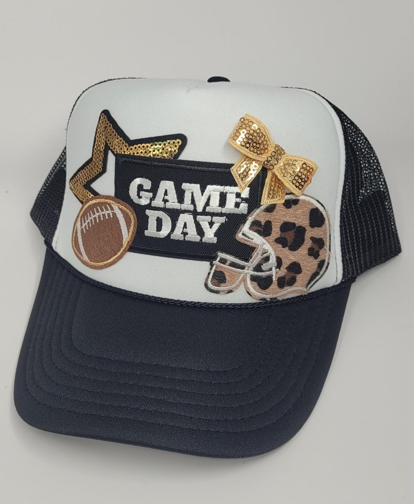 Custom Game Day Football Trucker Hat – Sequin Bow, Leopard Print Helmet & Football Patch