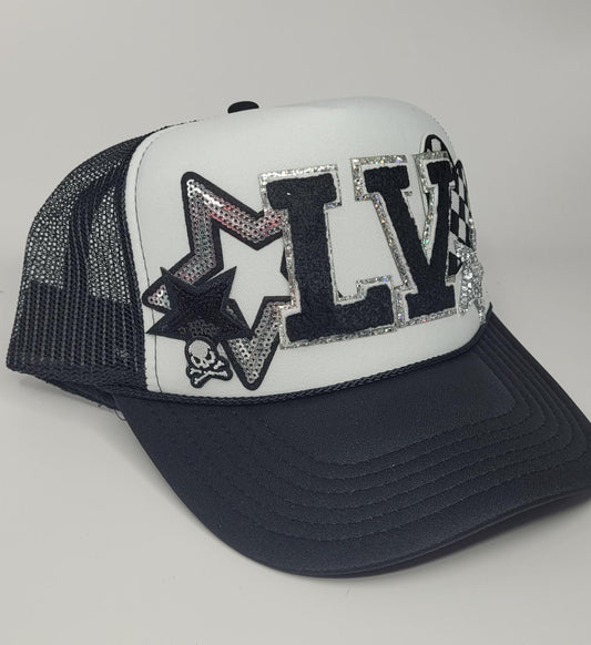 Custom LV Raiders-Inspired Trucker Hat – Silver Glitter & Skull Patch Design