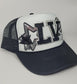 Custom LV Raiders-Inspired Trucker Hat – Silver Glitter & Skull Patch Design