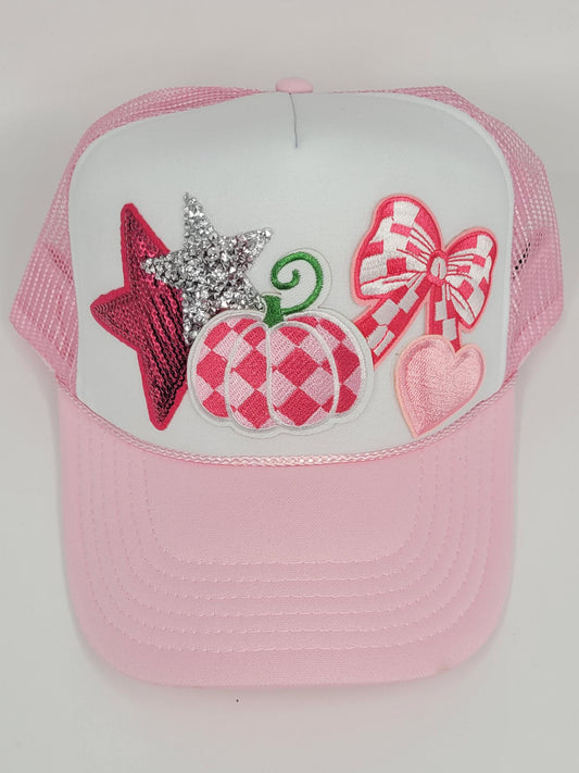Custom Pink Fall Trucker Hat – Pink Pumpkin, Heart, Bow, and Stars