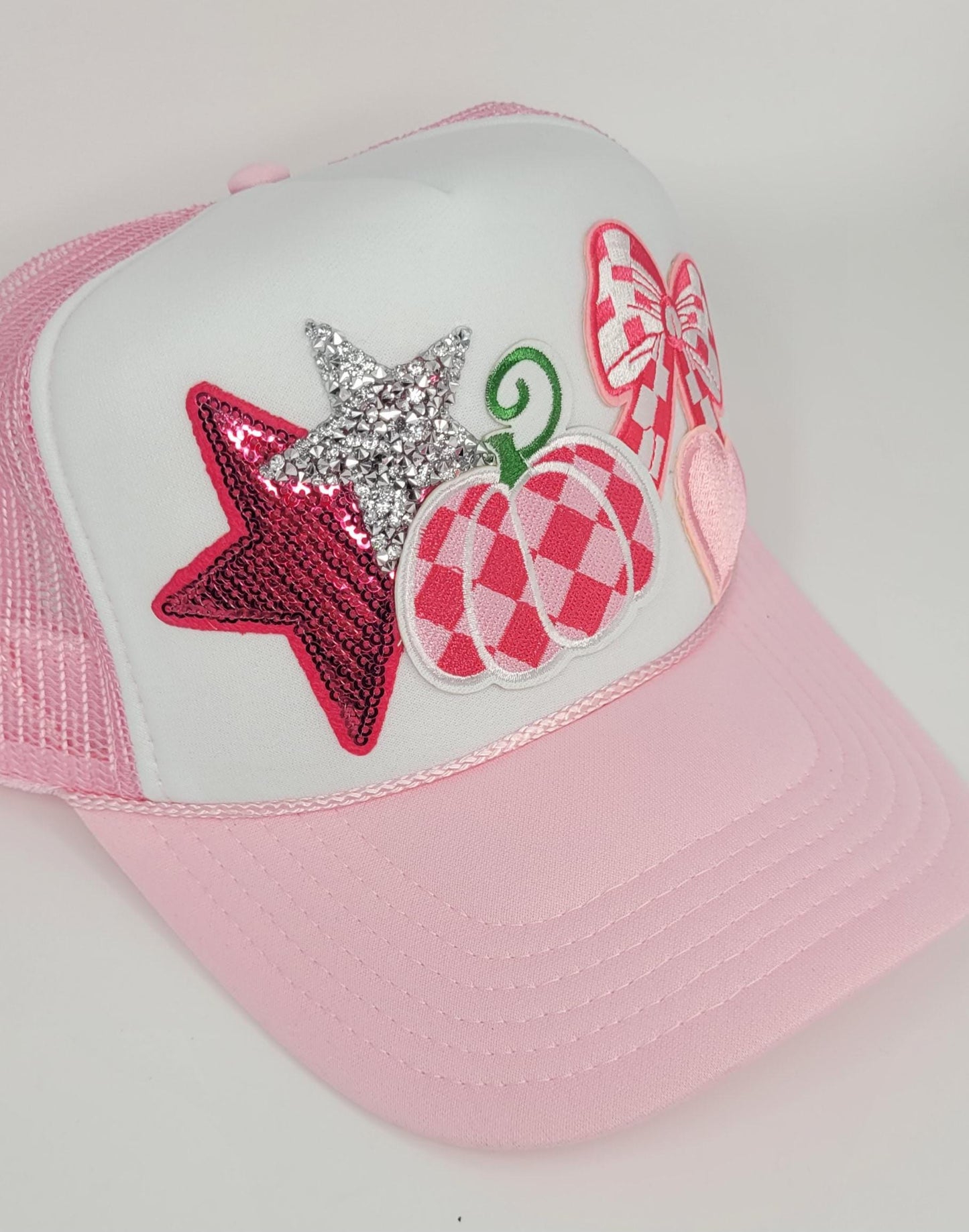 Custom Pink Fall Trucker Hat – Pink Pumpkin, Heart, Bow, and Stars