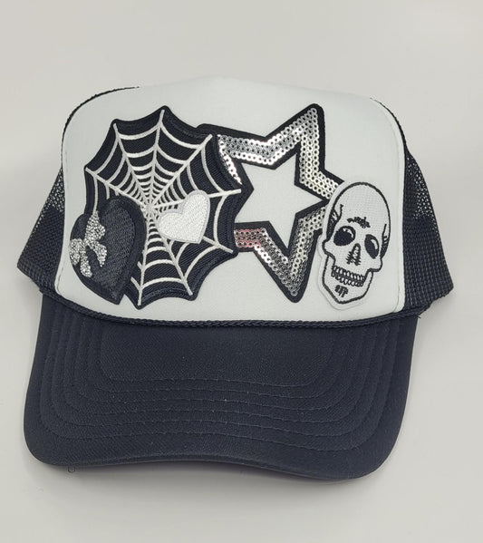 Trucker Hat Spooky Sequin Halloween  | Skull, Web, and Star Patch Design