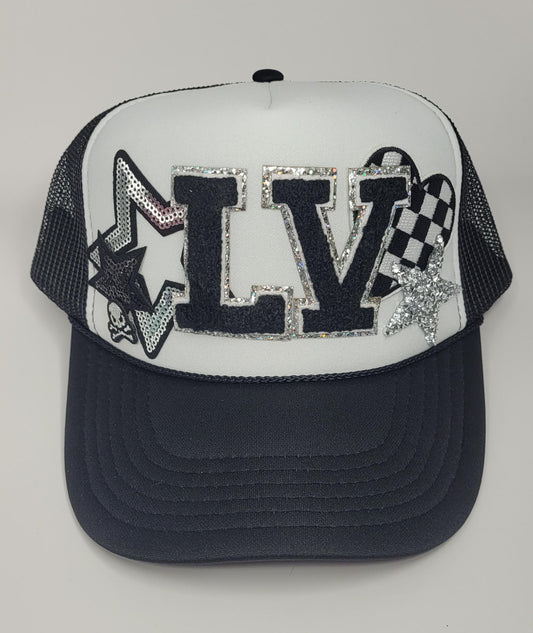 Custom LV Raiders-Inspired Trucker Hat – Silver Glitter & Skull Patch Design