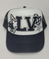 Custom LV Raiders-Inspired Trucker Hat – Silver Glitter & Skull Patch Design