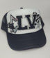 Custom LV Raiders-Inspired Trucker Hat – Silver Glitter & Skull Patch Design