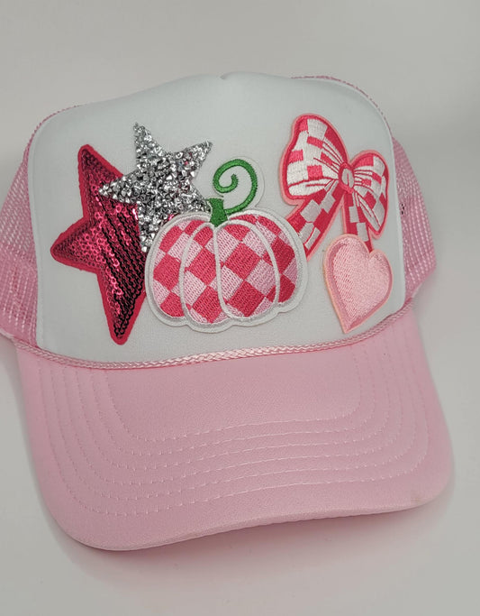 Custom Pink Fall Trucker Hat – Pink Pumpkin, Heart, Bow, and Stars