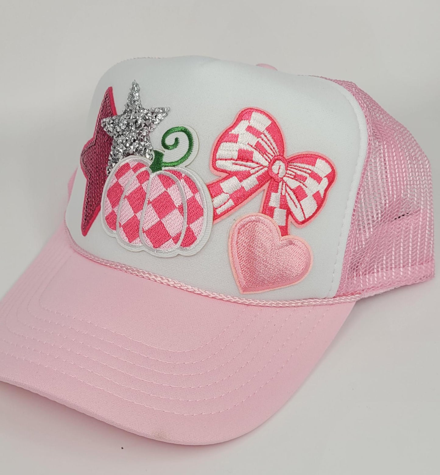Custom Pink Fall Trucker Hat – Pink Pumpkin, Heart, Bow, and Stars