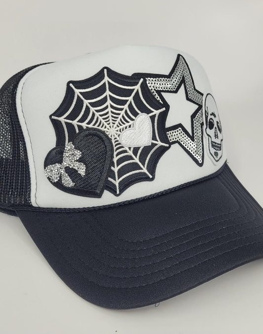 Trucker Hat Spooky Sequin Halloween  | Skull, Web, and Star Patch Design