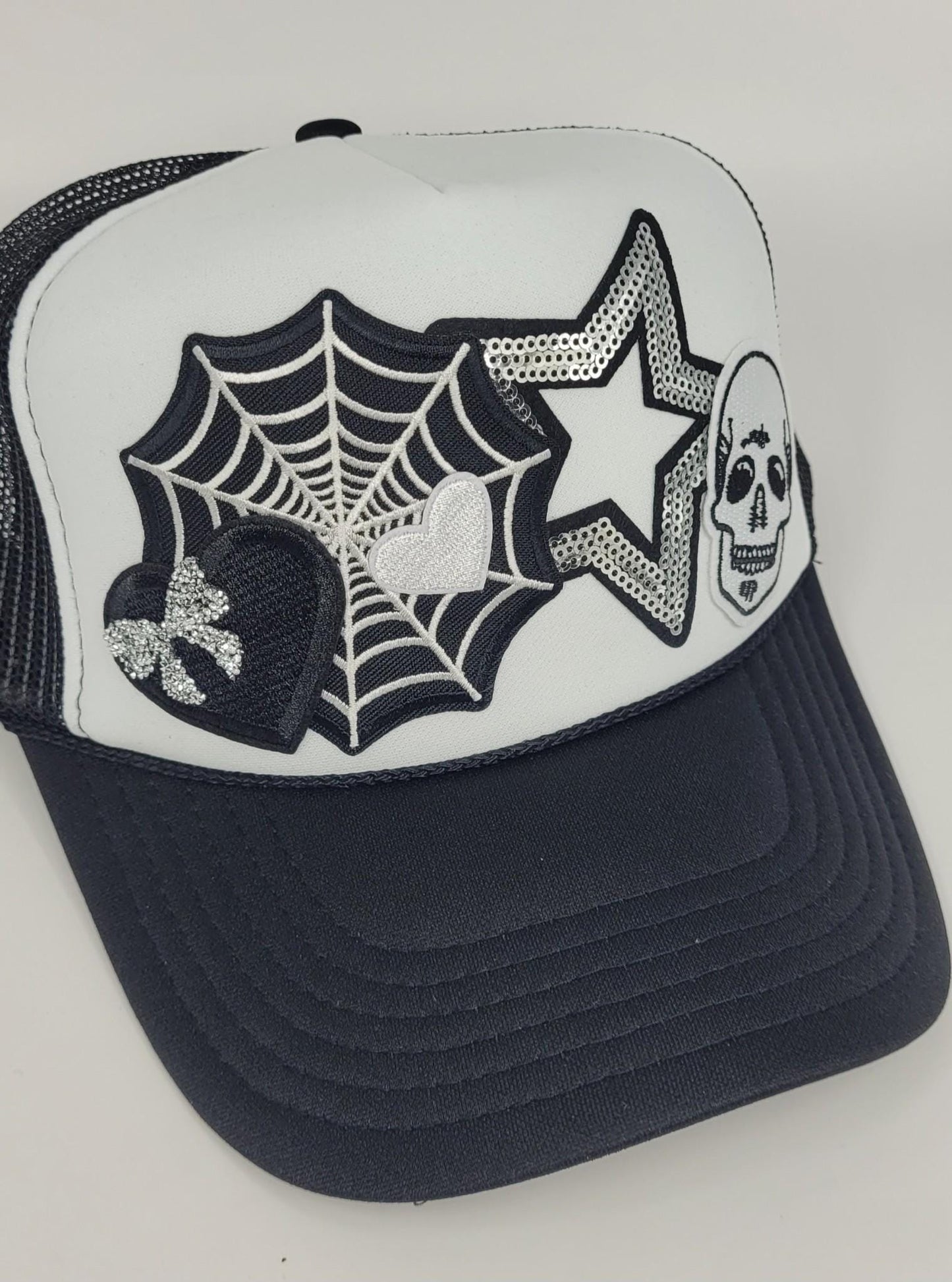 Trucker Hat Spooky Sequin Halloween  | Skull, Web, and Star Patch Design