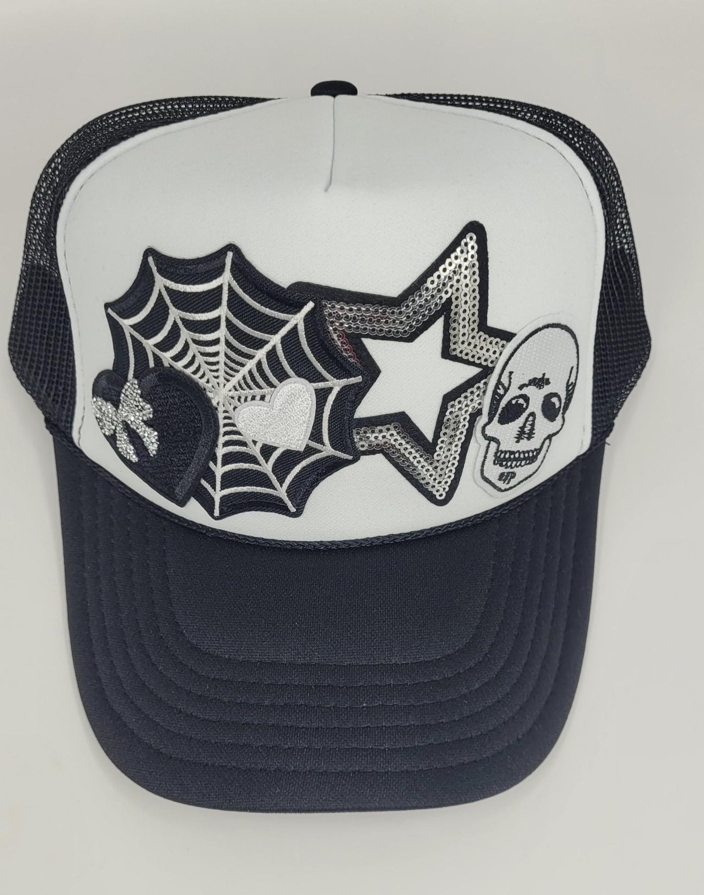 Trucker Hat Spooky Sequin Halloween  | Skull, Web, and Star Patch Design