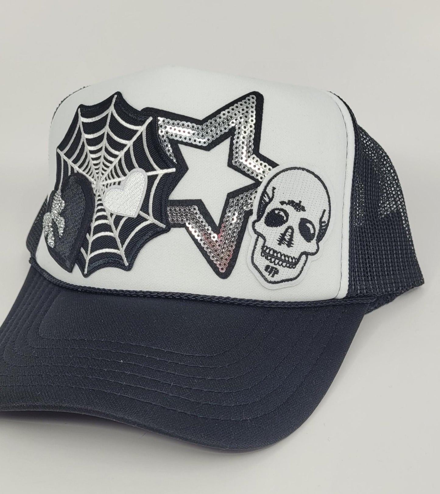 Trucker Hat Spooky Sequin Halloween  | Skull, Web, and Star Patch Design