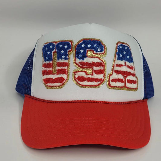 Patriotic USA Trucker Hat – Red White & Blue Mesh Cap with Chenille Patch – 4th of July Hat – American Flag Hat – USA Baseball Cap