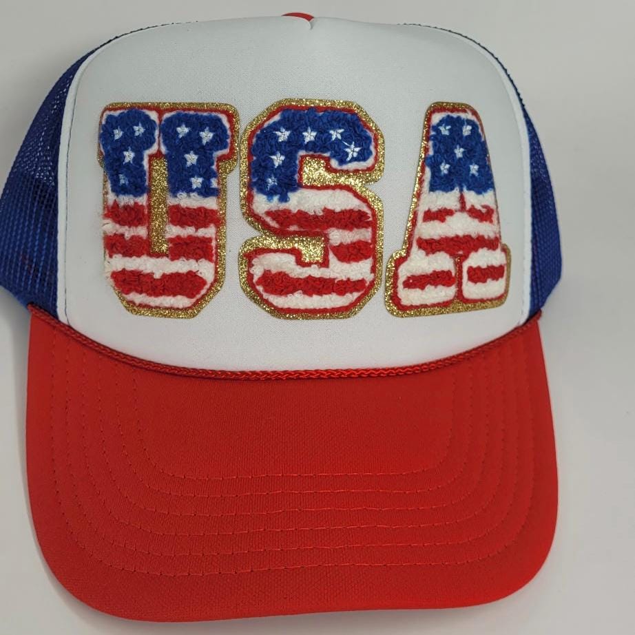 Patriotic USA Trucker Hat – Red White & Blue Mesh Cap with Chenille Patch – 4th of July Hat – American Flag Hat – USA Baseball Cap