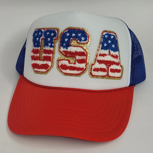 Patriotic USA Trucker Hat – Red White & Blue Mesh Cap with Chenille Patch – 4th of July Hat – American Flag Hat – USA Baseball Cap