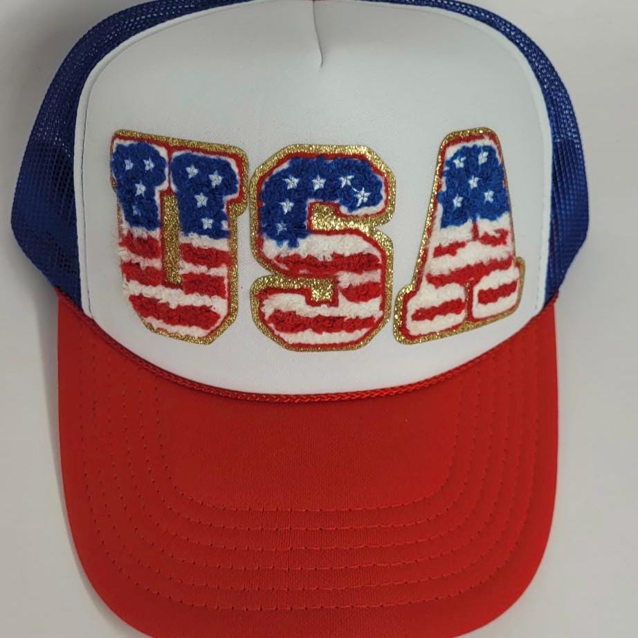 Patriotic USA Trucker Hat – Red White & Blue Mesh Cap with Chenille Patch – 4th of July Hat – American Flag Hat – USA Baseball Cap