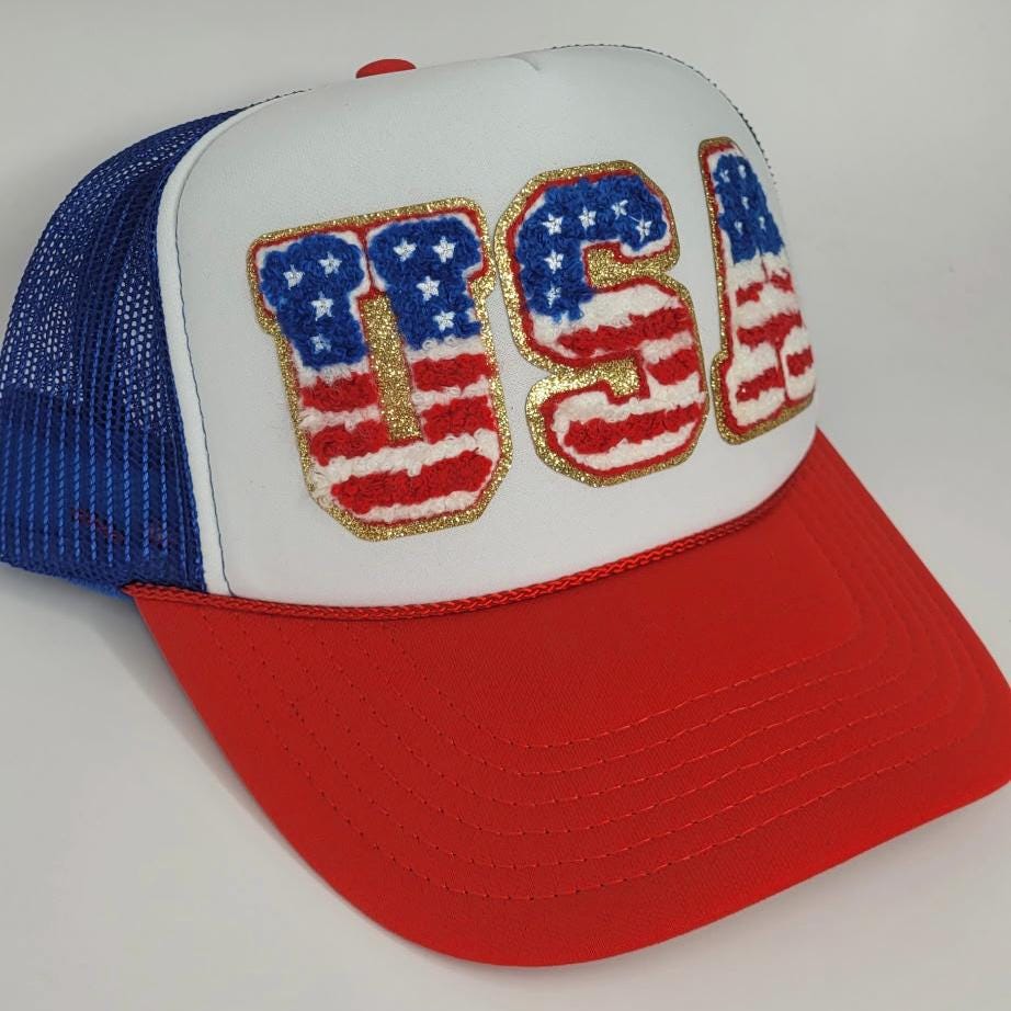 Patriotic USA Trucker Hat – Red White & Blue Mesh Cap with Chenille Patch – 4th of July Hat – American Flag Hat – USA Baseball Cap
