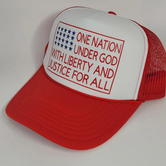 Patriotic USA Trucker Hat – One Nation Under God Hat – 4th of July Hat – American Flag Hat – Red White Blue Mesh Hat – Liberty Hat